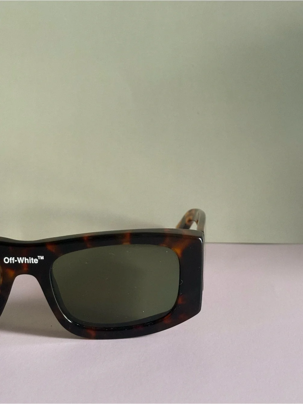 Off-White Rectangular Tortoiseshell Sunglasses with Green Lenses